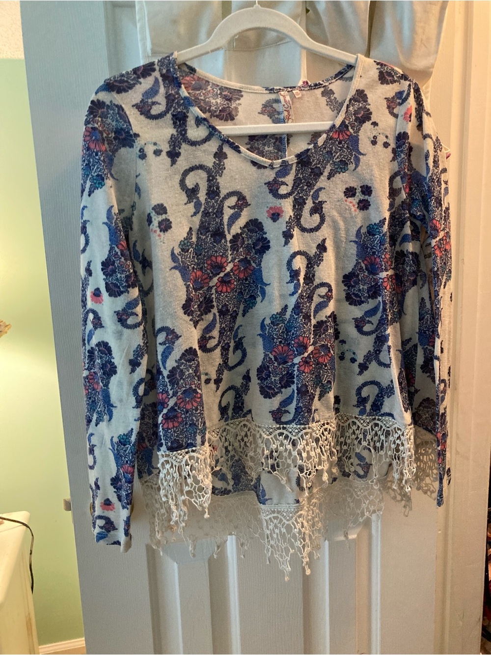 Red Camel Blue Floral Lace-Hem Long Sleeve Top